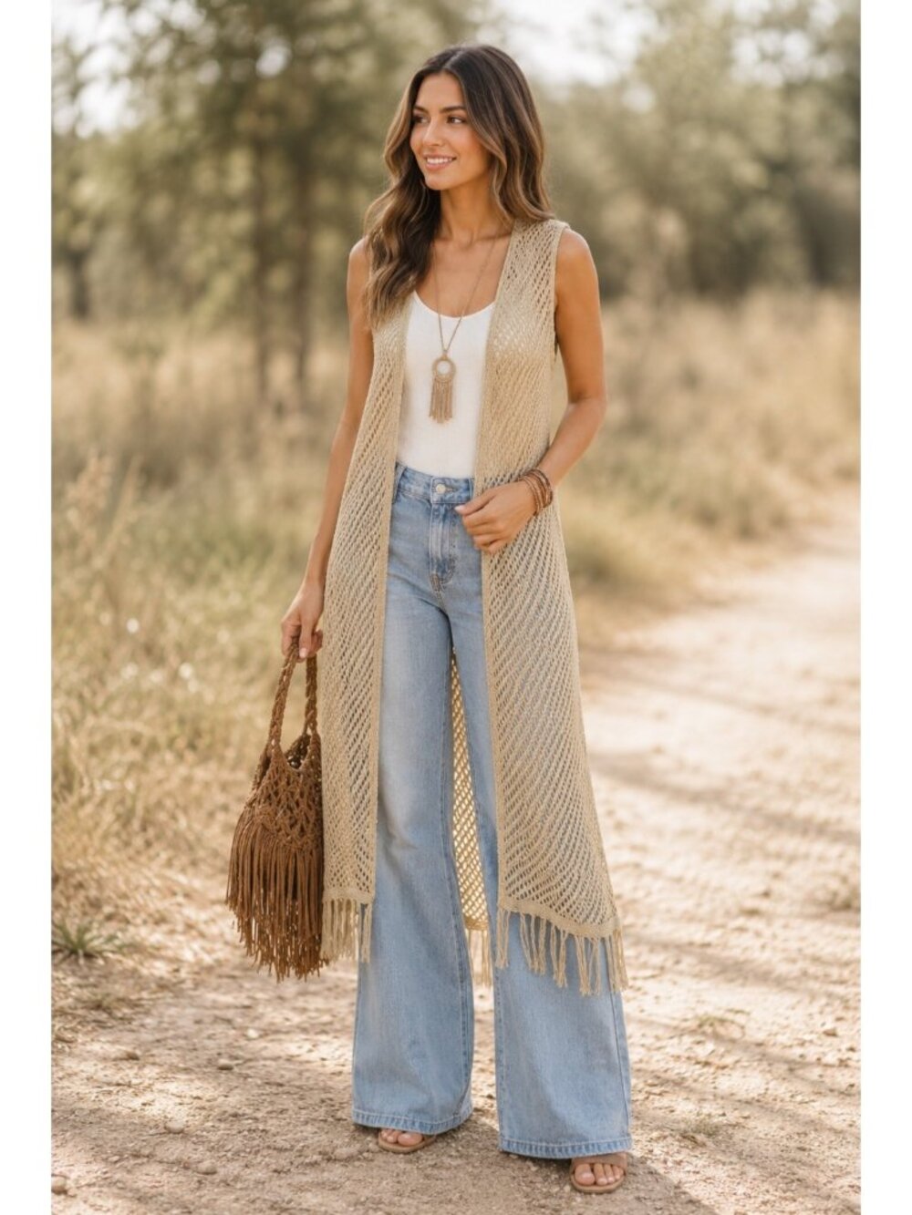 New Y2Kโ Crochet Open Knit Duster Cardigan with Fringe Boho Hippie Size Small